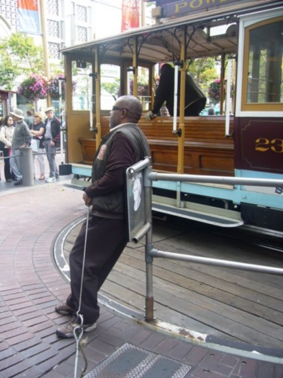 Manually turning a cable car