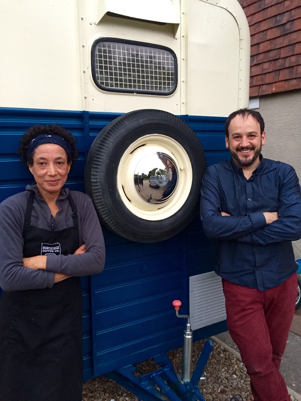 Emily and Jon in front of the Horsebox Coffee Co.