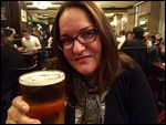 Melissa enjoying a pint at Shakespeare's Head pub